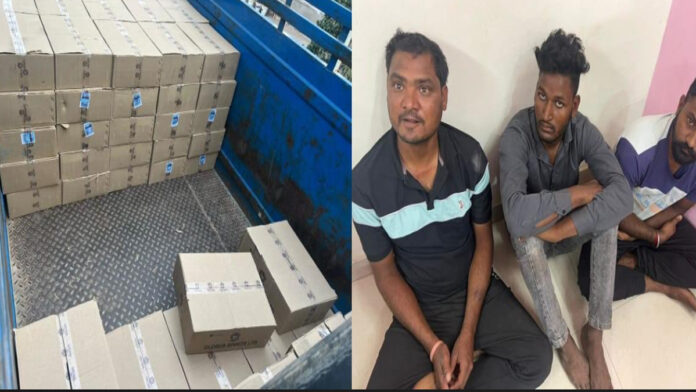 CID Crime Branch team caught three smugglers along with a pickup full of illegal country liquor.
