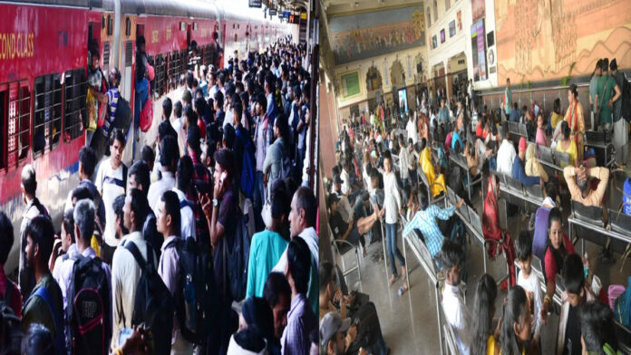Crowd of people going home on Holi, crowd at bus stand and railway stations