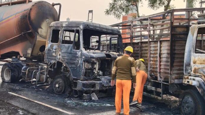 Eleven people burnt alive in the fire caused by the collision of LPG tanker and truck